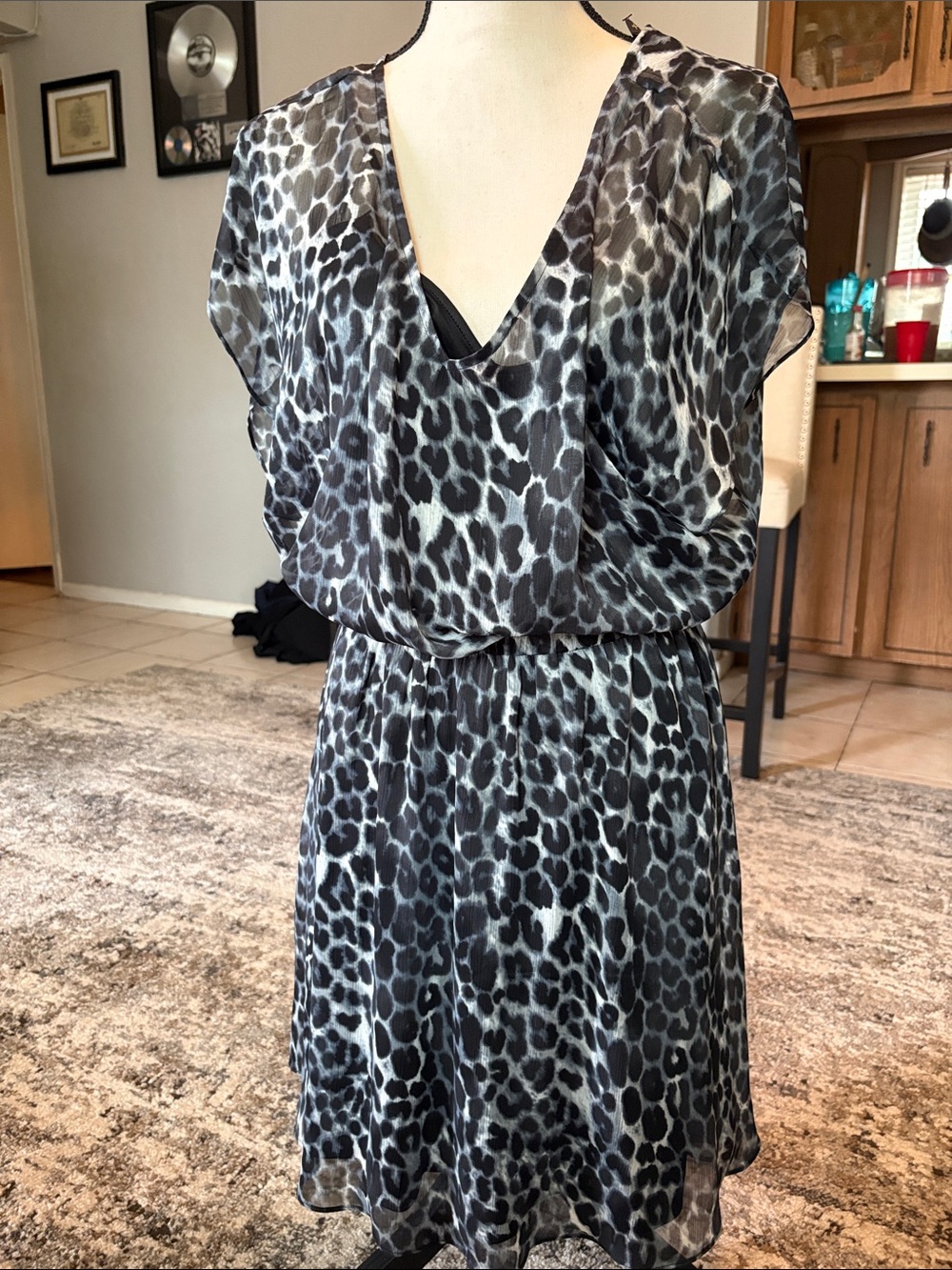 Express Black and Gray Leopard Print V-Neck Dress